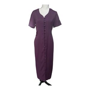 Vintage 80s Sophia Rose Dress Sz 10 Purple Short Sleeve Button Down Midi Sheath